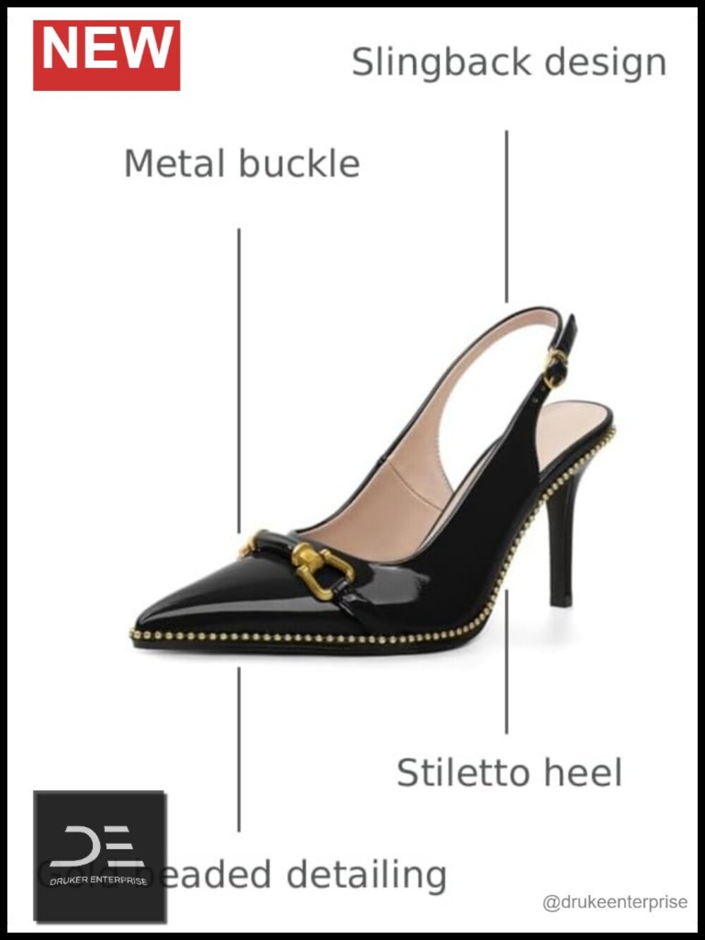 Women's Pointed Toe Stiletto Slingback Heels with Gold Beaded Buckle Detail - Picture 2 of 6